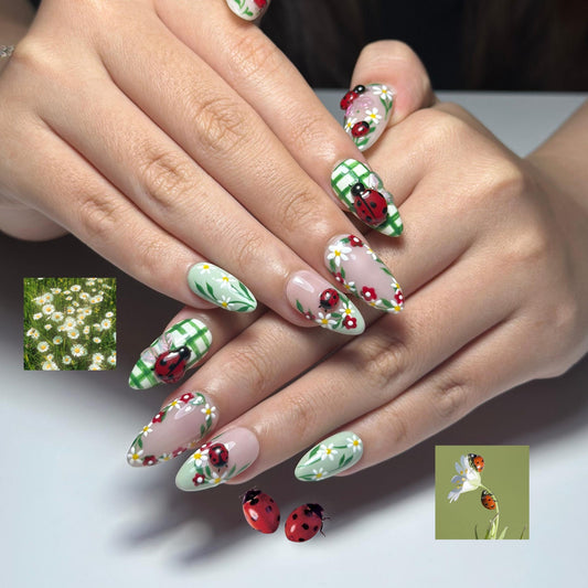 Cottagecore Daisy Ladybug Nails | Spring Gingham Press On Nails | Cute Picnic Nail Art | Green and White Nails | Floral Fake Nails| HC1317IC