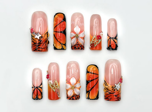 Sunset Flame Floral Press On Nails | Orange Butterfly Nails | 3D Flower & Star Charms Nail Art | Handmade Long Nail Set | JC961HK