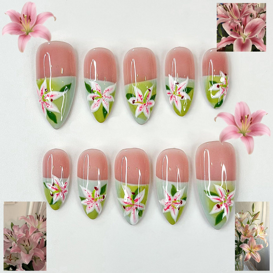 Soft Lily Floral Press On Nails for Spring | Pink Green Flower Nails | Lilies Nail Art | Botanical Press Ons | Romantic Spring Nail| JB294HC