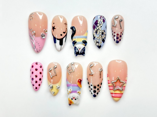 Polka Dot Cat Melody Press On Nails | Cute Cat Nail Art for Music Lover | Polka Dot Nude Nails | Luxury Cute Nails | JC294EC