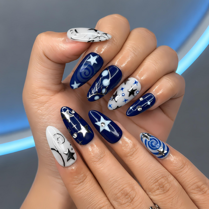 Navy Blue Press On Nails • Star Charm Almond Nails • Silver Foil Celestial Handmade Glue Set • Gift for Her • OC1376ZG