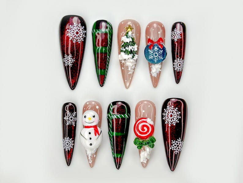 Winter Wonderland  Press On Nails For Christmas | Festive Holiday Nail Art | Red Glitter Snowflake Nails | Green Plaid Gift Wrap Design | JB232EC