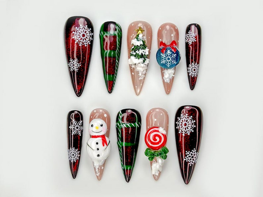 Winter Wonderland  Press On Nails For Christmas | Festive Holiday Nail Art | Red Glitter Snowflake Nails | Green Plaid Gift Wrap Design | JB232EC