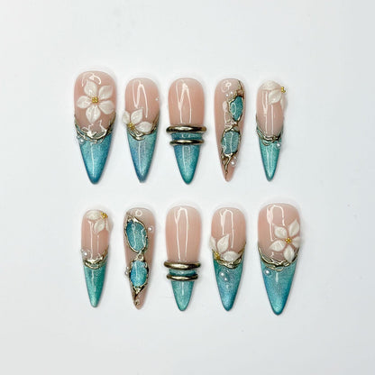 Teal Cat-Eye & 3D White Bloom Nails | Antique Gold Chrome Accents | Luxury Botanical Magnetic Stiletto Art | Elegant Nails | JB379IK