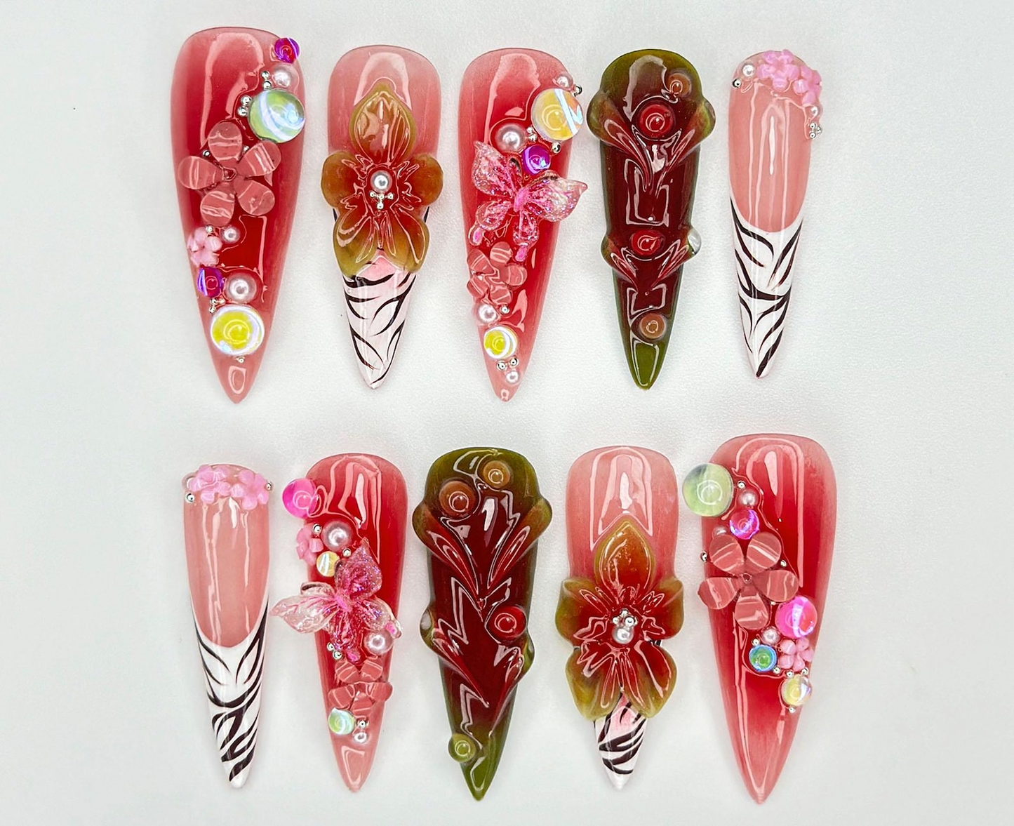 Bold Bloom Jungle Press On Nails | 3D Red Floral & Butterfly Nail Art | Zebra Print French Tips | Tropical Jungle Nail Design | JC925EK