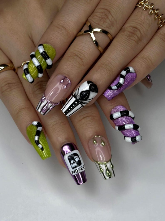Spooky Stripes Press On Nails | Beetle-Inspired Gothic Nail Art | Handmade Creepy Cute Nails | Halloween Party Nail Art |