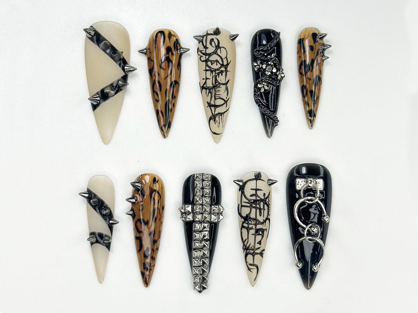 Gothic Punk Stiletto Press On Nails | Leopard Chrome Nail Art | Edgy Studded Nail Design | Alt Fashion Black Nails | JB827HC
