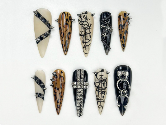 Gothic Punk Stiletto Press On Nails | Leopard Chrome Nail Art | Edgy Studded Nail Design | Alt Fashion Black Nails | JB827HC