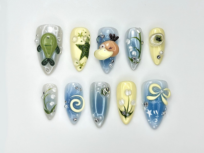 Forest Friends Duckling Press On Nails | Cute Turtle & Nature Nail Art | Lily of the Valley Nails | Green Blue Pastel Nails | JB973EC