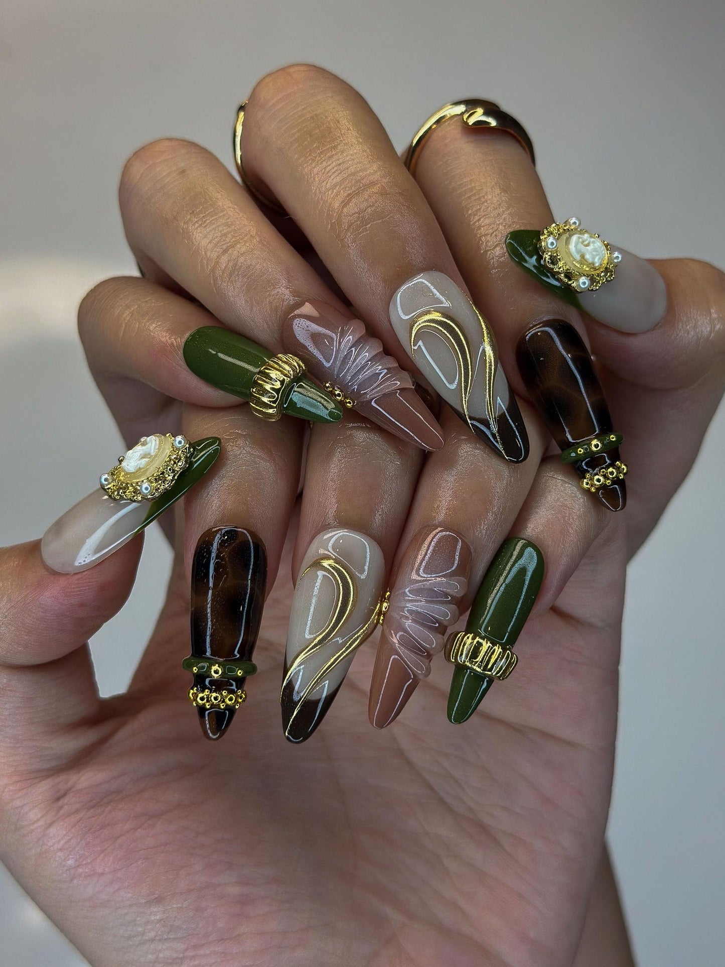 Olive Green & Tortoise Shell Nails | 3D Gold Hardware Press Ons | Luxury Dark Academia Stiletto Art | Handmade Designer | OB1341IK