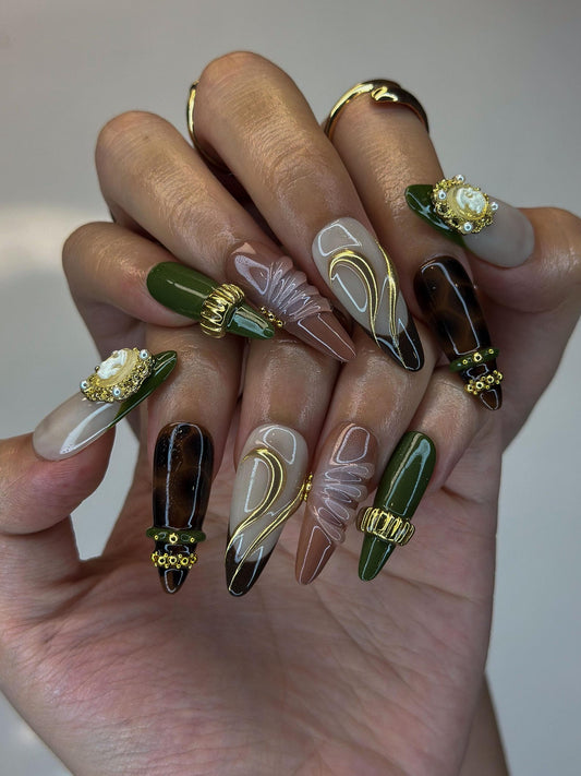 Olive Green & Tortoise Shell Nails | 3D Gold Hardware Press Ons | Luxury Dark Academia Stiletto Art | Handmade Designer | OB1341IK