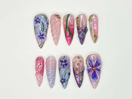 Floral Elegance 3D Press On Nails | Handcrafted Press On Nails with Delicate Flower Designs | Perfect for Spring and Summer | JB300SK