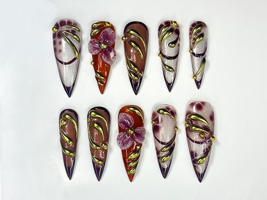 Fall Orchid Press On Nails | Burgundy Floral Nail Art | Luxury Handmade Long Nails | Stiletto Nail Design | Autumn Nail Collection | JB169HK
