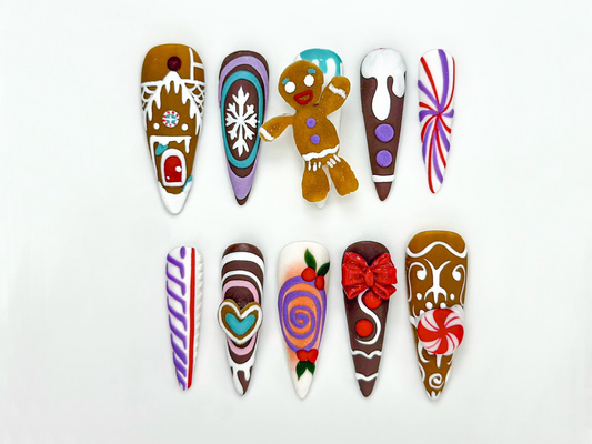 Gingerbread Candy Christmas Press On Nails | Festive Dessert Christmas Nail Art | Christmas Dessert Nail Set | DB925EC