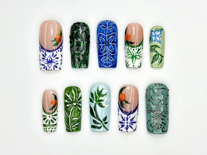 Vintage Botanical Press On Nails | Hand-Painted Ceramic-Inspired Nail Art | Green Leaf Design | Nature-Inspired Press Ons | JB933H
