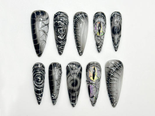 Dragon Gothic Press On Nails | Black 3D Nail Art | Dark Mystic Scale Nails | Handmade Dragon Claw Press Ons | Unique Fantasy Nails | JB801HC