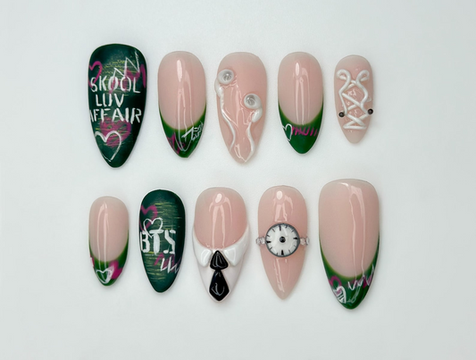 Trendy Kpop Press On Nails | Green French Tip Idol Nails | Korean Nails For Kpop Lover | Handmade Kpop Aesthetic Press Ons | JB317HC
