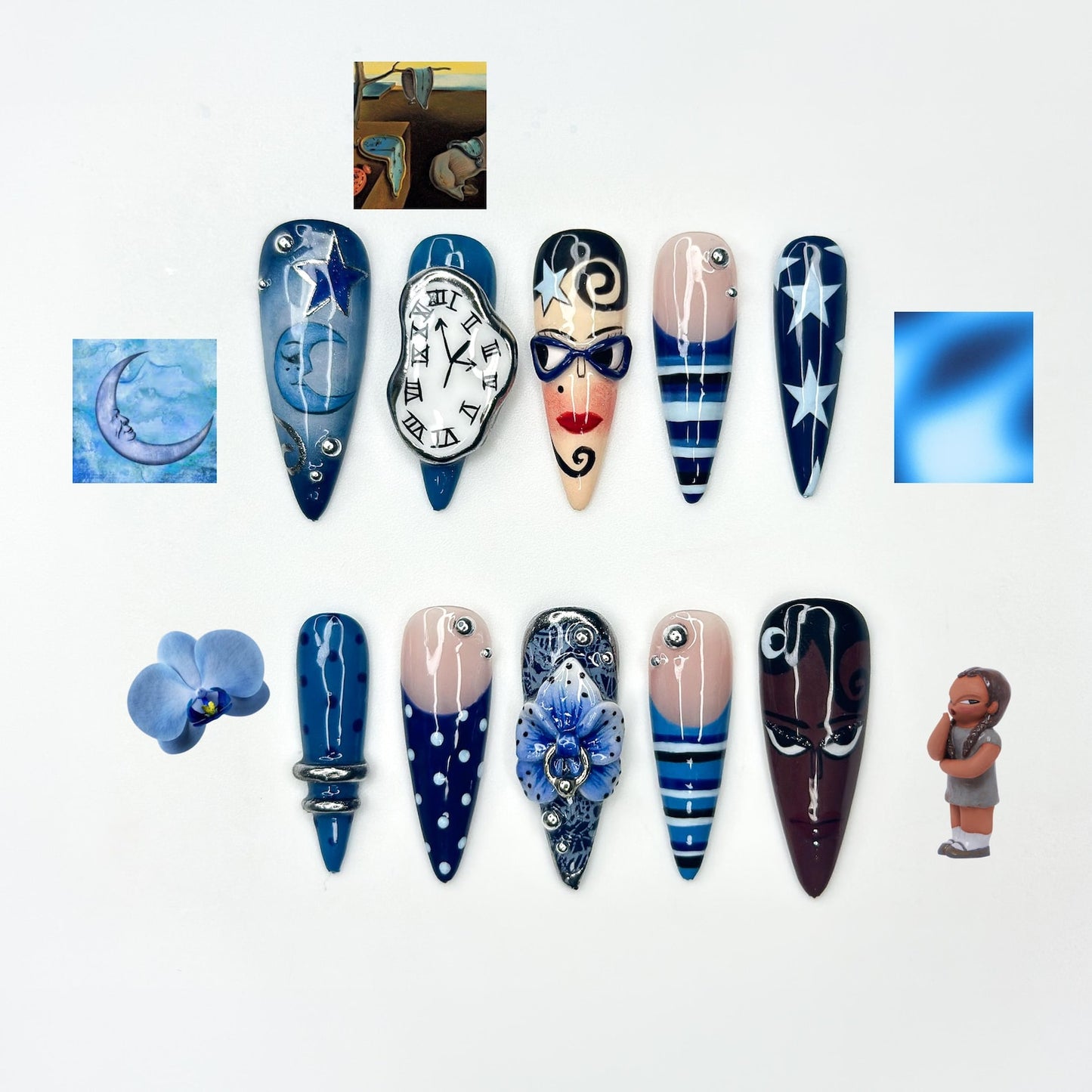 Abstract Blue Press On Nails | Modern Art Face & Clock Nails | Graphic Cartoon Nail Art | Star Stripe Nails | Handmade Press Ons | JB334IK