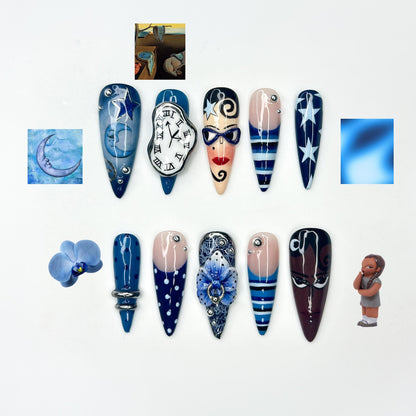 Abstract Blue Press On Nails | Modern Art Face & Clock Nails | Graphic Cartoon Nail Art | Star Stripe Nails | Handmade Press Ons | JB334IK