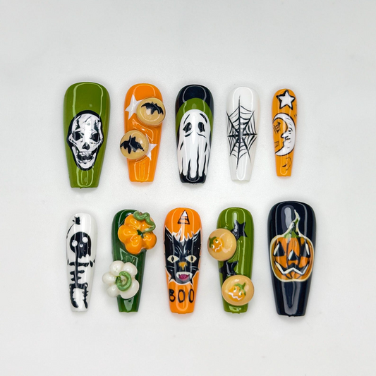 Spooky Halloween Press On Nails | Ghost Pumpkin Cat Nail Art | 3D Spider Web Fake Nails | Cute Ghost Pumpkin Nails | Kawaii Nails | HB184YC