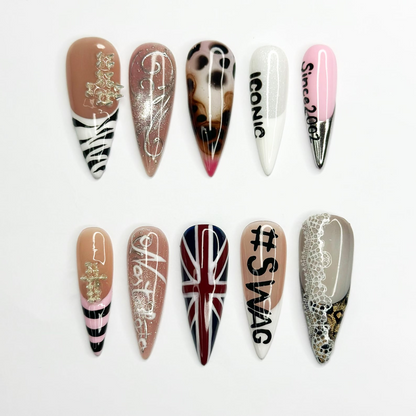 4th of July Press On Nails Long Stiletto • USA Holiday Look •Red White Blue Animal Print Stiletto Fake Nails| OB421LC