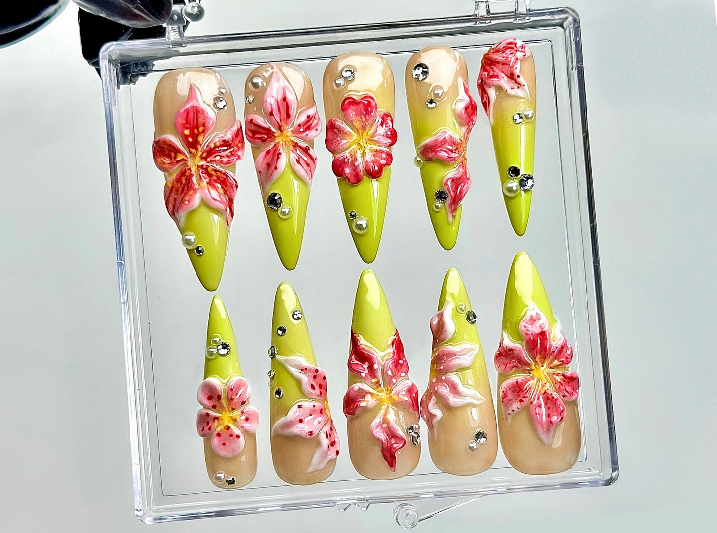 Lime Blossom Fantasy Press On Nails | 3D Tropical Flower Nail Art |Neon Green & Pink Ombre Nails | Summer Bloom Stiletto Press Ons |HB1019EK