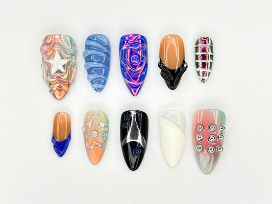 Futuristic 3D Chrome Press On Nails | Handmade Abstract Nail Art Set | Edgy Y2K Nail Design for Trendy Looks | JC904DK