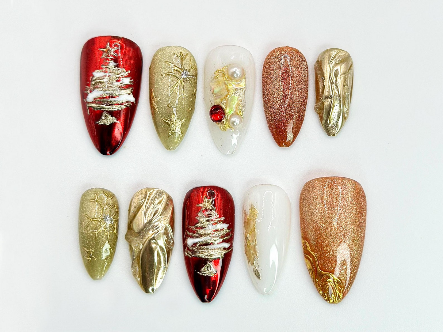 Christmas Tree Press On Nails | Red & Gold Holiday Nail Art with 3D Details | Christmas Tree, Pearl Accents | Holiday Nail Set| JC536HC
