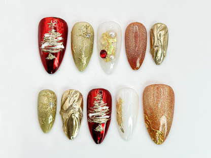 Christmas Tree Press On Nails | Red & Gold Holiday Nail Art with 3D Details | Christmas Tree, Pearl Accents | Holiday Nail Set| JC536HC