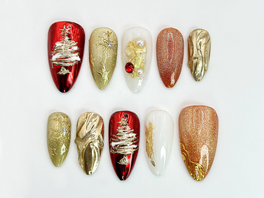 Christmas Tree Press On Nails | Red & Gold Holiday Nail Art with 3D Details | Christmas Tree, Pearl Accents | Holiday Nail Set| JC536HC
