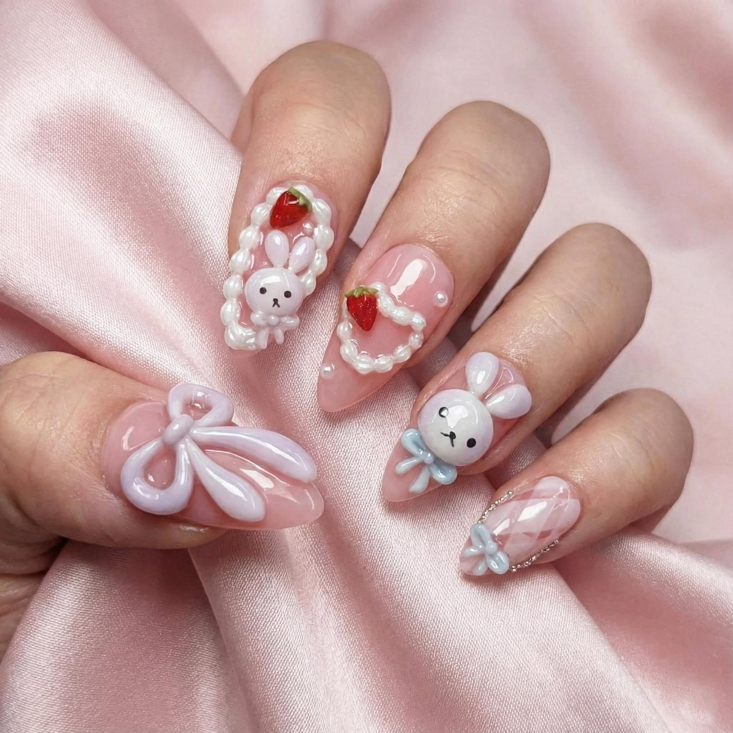 Soft Pink Bunny Press On Nails | Kawaii Nail Art with Bows | Handmade Pastel Nails | Sweet Gift for Her | HB1112GC