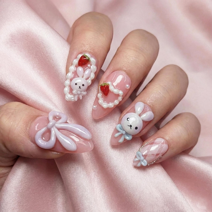 Soft Pink Bunny Press On Nails | Kawaii Nail Art with Bows | Handmade Pastel Nails | Sweet Gift for Her | HB1112GC