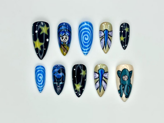Starry Night Fantasy Press On Nails | Whimsical Blue Nail Art | Twinkling Star Nails | Cosmic Dream Design | Handmade 3D Nails | HB1068EC
