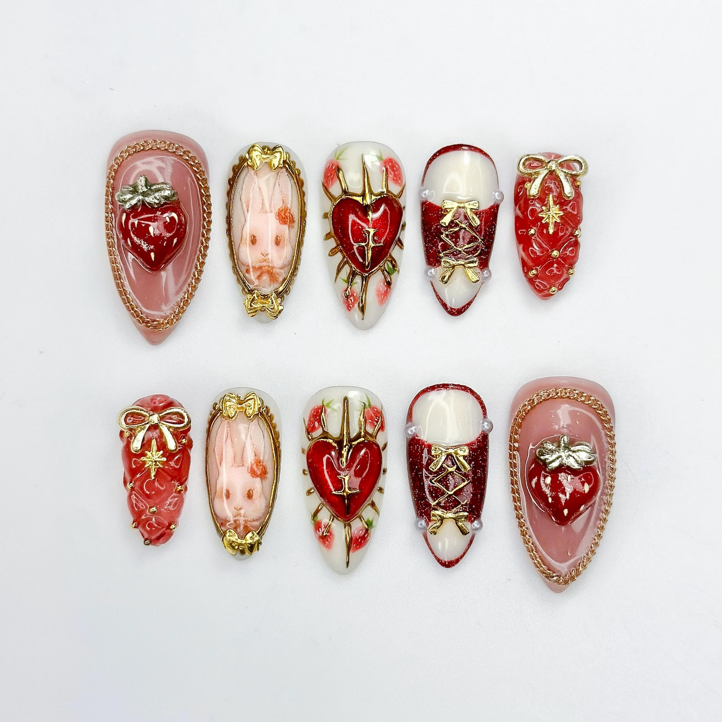 Gothic Strawberry Press On Nails | Red Heart Cross Nail Art | Luxury Handmade Press Ons | Statement Nails | HB995GC