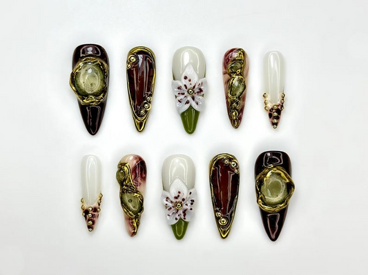 Autumn Gemstone Bloom Press On Nails | Fall Burgundy and Green Nail Art | 3D Flower & Crystal Accents | Baroque Autumn Design | HC1094EC