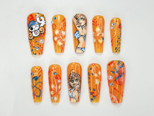 Beach Anime Girl Press On Nails | Tropical Anime Vibe Nail Set | Orange 3D Floral Summer Nails | Beach Babe Character Art |JB978HC