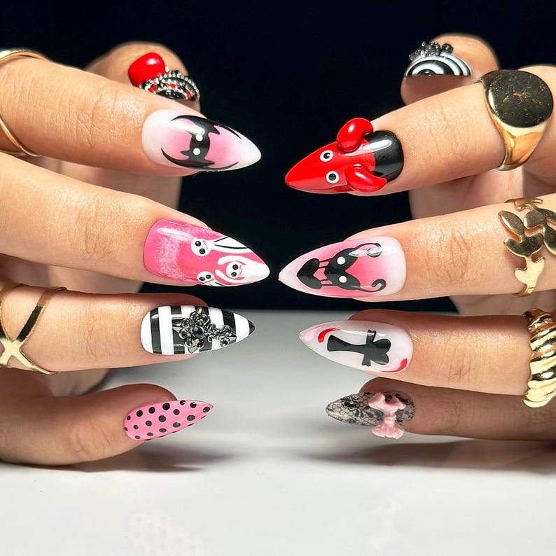 Gothic Halloween Press On Nails | Black Cross & Skull Fake Nails | Pink Cute Scary Nail Art |Cartoon Horror Press Ons |Horror Nails |HB581YC