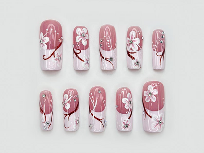 Floral Pink Gradient Press On Nails | Elegant Pink Floral Nail Art | Rhinestone & Petal Design | Romantic Spring Nails | JB206EC
