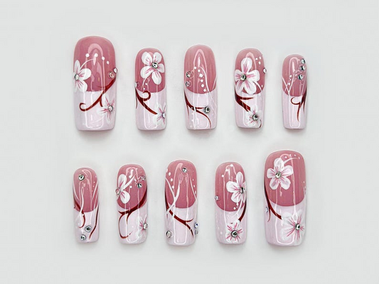 Floral Pink Gradient Press On Nails | Elegant Pink Floral Nail Art | Rhinestone & Petal Design | Romantic Spring Nails | JB206EC