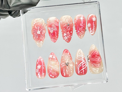 Blossom Spring Press On Nails By HudiNails |Sakura Pink Spring Fake Nails |Romantic Floral Acrylic Nails | Spring Inspired Nail Art |HB813YT