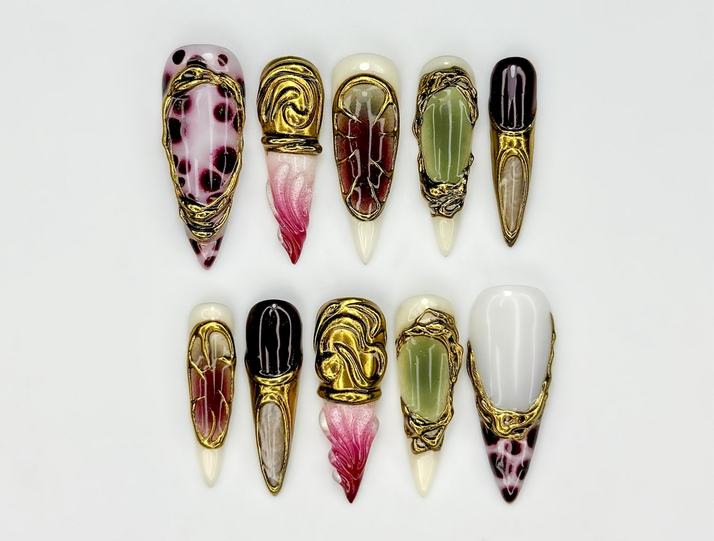 Gothic Garnet Gold Press On Nails | Frech Tips Gold Couture Nail Art | Burgundy Jade Statement Nails | Handmade Luxury Stiletto Set JB270EC