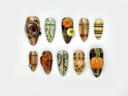 Autumn Harvest Bunny Press On Nails | Fall Pumpkin and Plaid Nail Art | 3D Bunny & Bow Accents | Cozy Fall Nails | HC1093EK