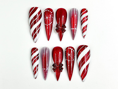 Red Christmas Press On Nails | Red Glitter Holiday Nails | Festive Winter Nail Art | Sparkling Christmas Press Ons| Holiday Glam Set|JC236HC