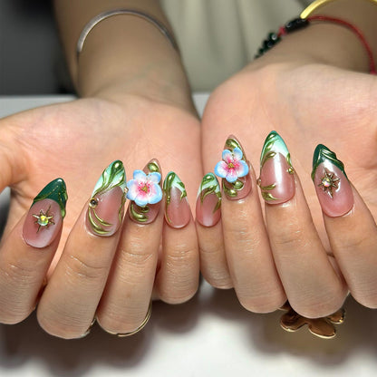 3D Floral Press On Nails | Green Leaf Pink Chrome Nails | Handmade Flower Nail Art | Elegant Spring Nails | Luxury Almond Nails | HC1308NC