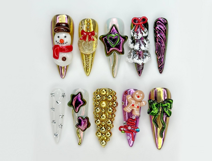 Luxury Chrome Christmas Press On Nails | 3D Star & Snowman Nails | Metallic Holiday Bow Set | Gold Beads And Gingerbread Accents | JC244EK