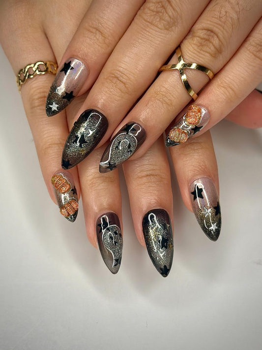 Pumpkin Gothic Press On Nails | Halloween Black & Orange Nails | Handmade Spooky Nail Design | Unique Gothic Pumpkin Nails | JB151HC