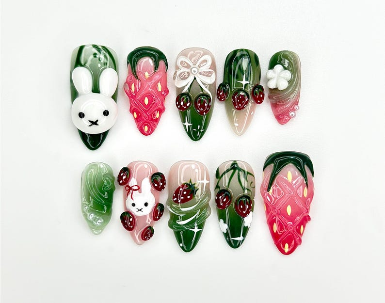 Strawberry Bunny Dreams Press On Nails | Cute 3D Fruit Nail Art | Sweet Berry Theme Nails | Pink 3D Kawaii Nails | JB923EC