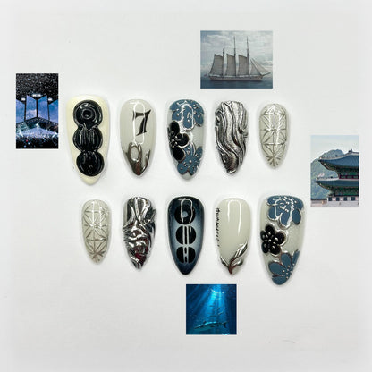 Kpop Inspired Indigo Voyage Nails | 7 Spirit Arirang Silver Shark Nails | Ocean Muse 3D Chrome Nails | Handmade Nails | JC357IC