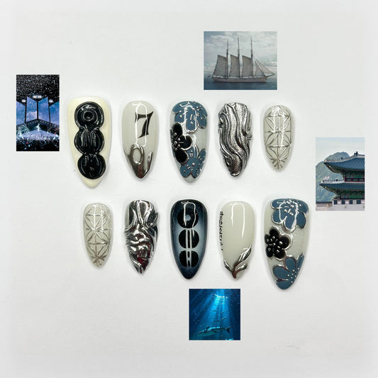 Kpop Inspired Indigo Voyage Nails | 7 Spirit Arirang Silver Shark Nails | Ocean Muse 3D Chrome Nails | Handmade Nails | JC357IC