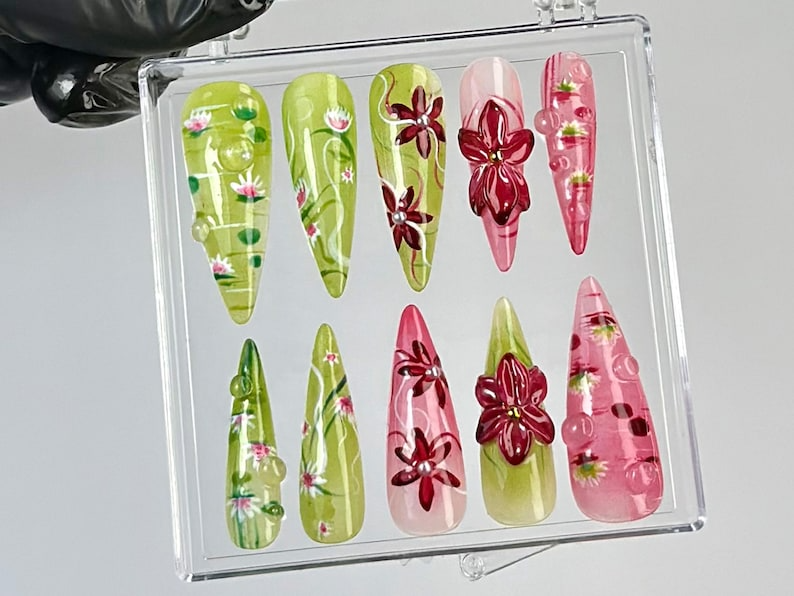 Water Lily & Lotus Press On Nails | Nature-Inspired Fake nails | Glossy Botanical Nail Art | Artistic Floral Press Ons |Luxury Nails|HB785YC